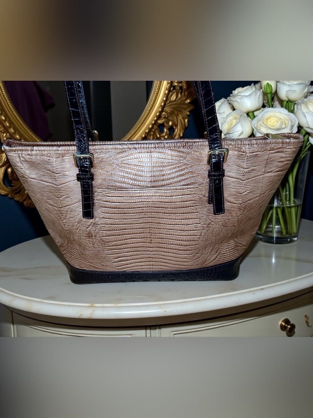 Pristine! Brahmin Leather Medium Asher Shoulder Bag, Gold Brown Croco & Lizard - Picture 2 of 13